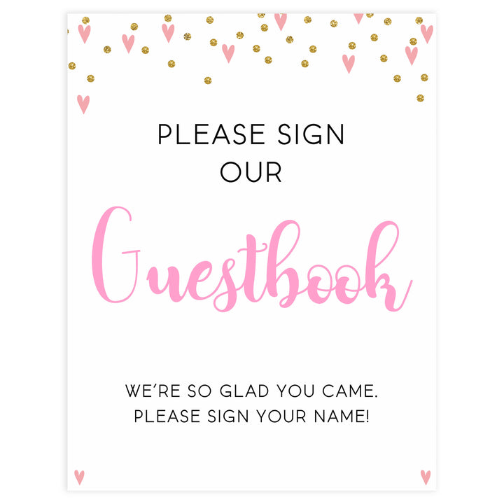 guestbook baby signs, guestbook baby table signs, Pink hearts baby decor, printable baby table signs, printable baby decor, gold glitter table signs, fun baby signs, pink hearts fun baby table signs