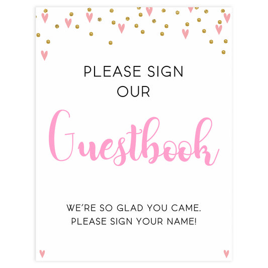 guestbook baby signs, guestbook baby table signs, Pink hearts baby decor, printable baby table signs, printable baby decor, gold glitter table signs, fun baby signs, pink hearts fun baby table signs