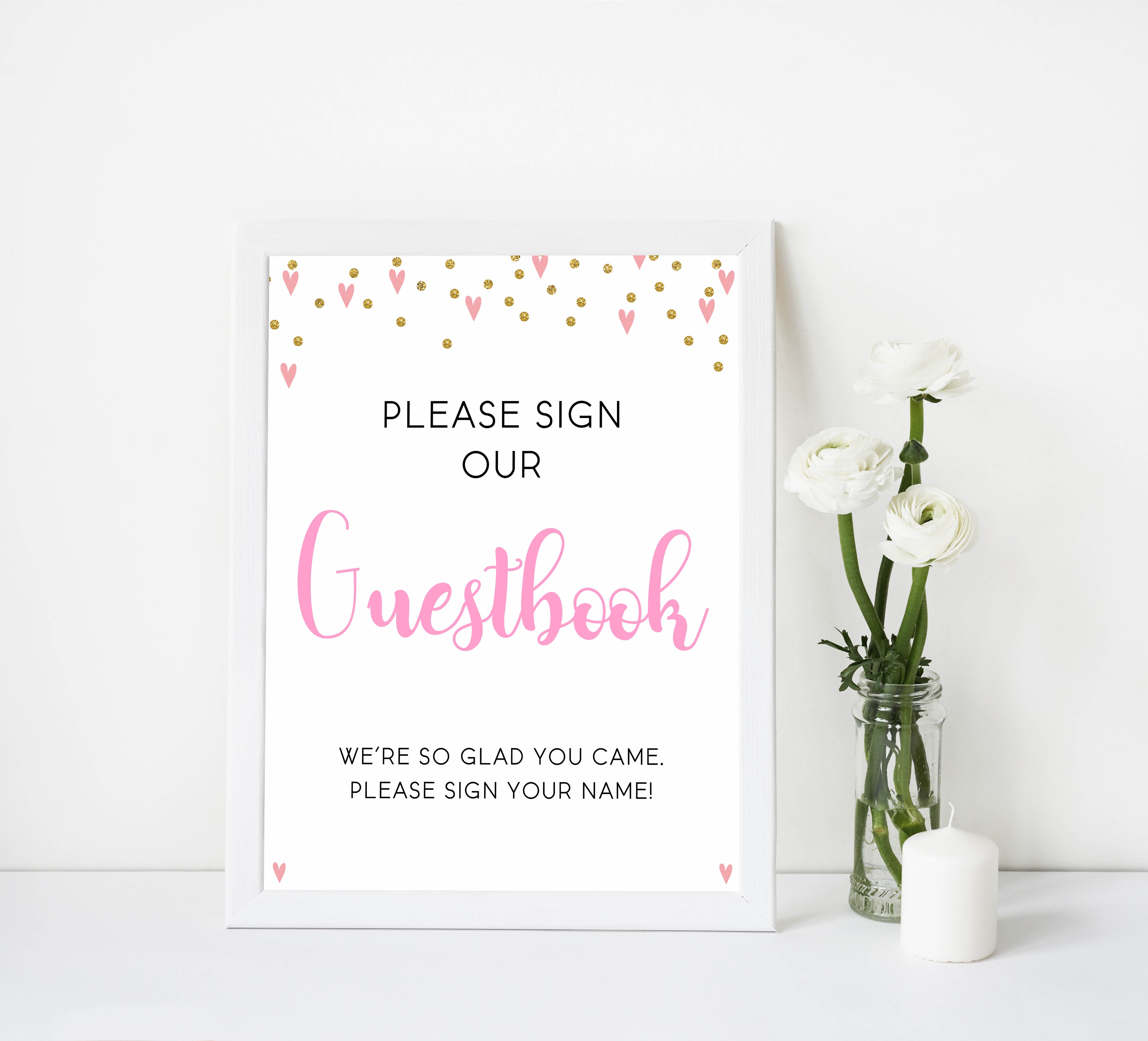 guestbook baby signs, guestbook baby table signs, Pink hearts baby decor, printable baby table signs, printable baby decor, gold glitter table signs, fun baby signs, pink hearts fun baby table signs