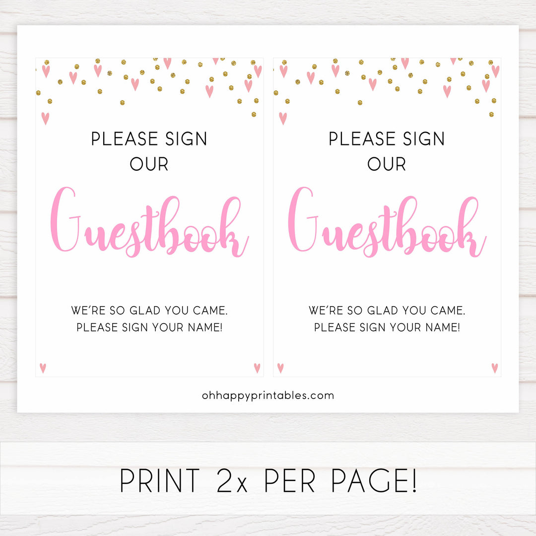 8 baby shower signs pack, 8 baby table signs, Pink hearts baby decor, printable baby table signs, printable baby decor, gold glitter table signs, fun baby signs, pink hearts fun baby table signs