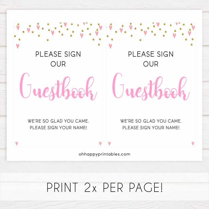 guestbook baby signs, guestbook baby table signs, Pink hearts baby decor, printable baby table signs, printable baby decor, gold glitter table signs, fun baby signs, pink hearts fun baby table signs