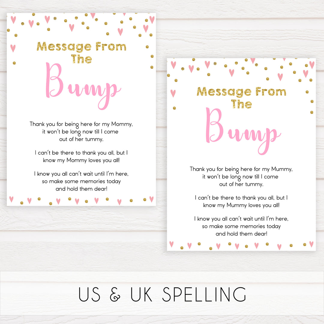 pink hearts baby shower, message from the bump baby game, printable baby games, pink baby games, girl baby games, top 10 baby games, fun baby games