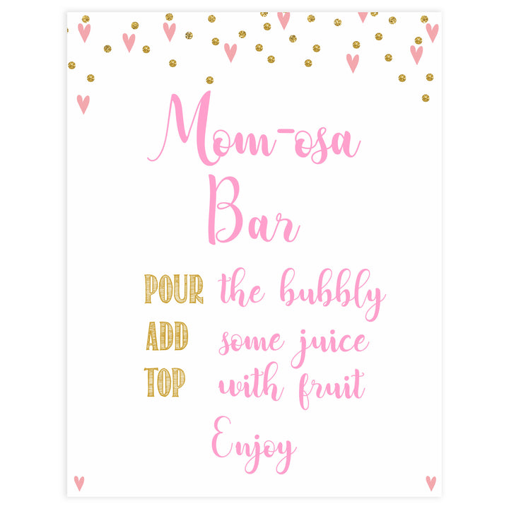 momosa baby table signs, momosa baby signs, Pink hearts baby decor, printable baby table signs, printable baby decor, gold glitter table signs, fun baby signs, pink hearts fun baby table signs