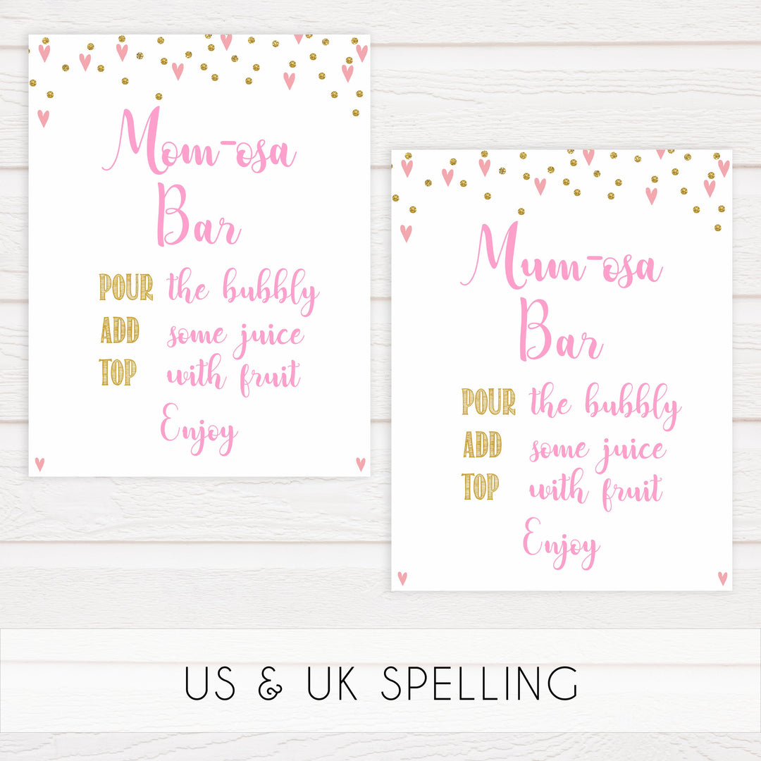 momosa baby table signs, momosa baby signs, Pink hearts baby decor, printable baby table signs, printable baby decor, gold glitter table signs, fun baby signs, pink hearts fun baby table signs