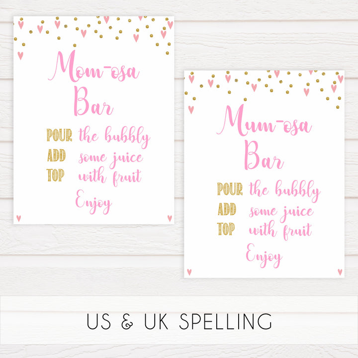 momosa baby table signs, momosa baby signs, Pink hearts baby decor, printable baby table signs, printable baby decor, gold glitter table signs, fun baby signs, pink hearts fun baby table signs