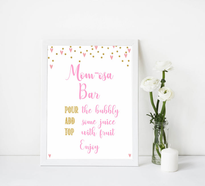 momosa baby table signs, momosa baby signs, Pink hearts baby decor, printable baby table signs, printable baby decor, gold glitter table signs, fun baby signs, pink hearts fun baby table signs