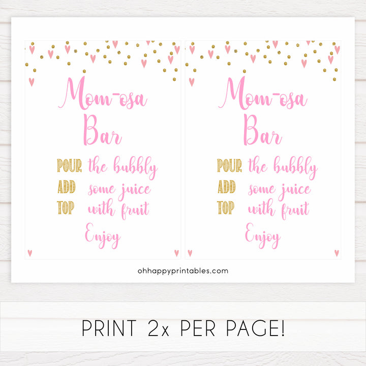 momosa baby table signs, momosa baby signs, Pink hearts baby decor, printable baby table signs, printable baby decor, gold glitter table signs, fun baby signs, pink hearts fun baby table signs