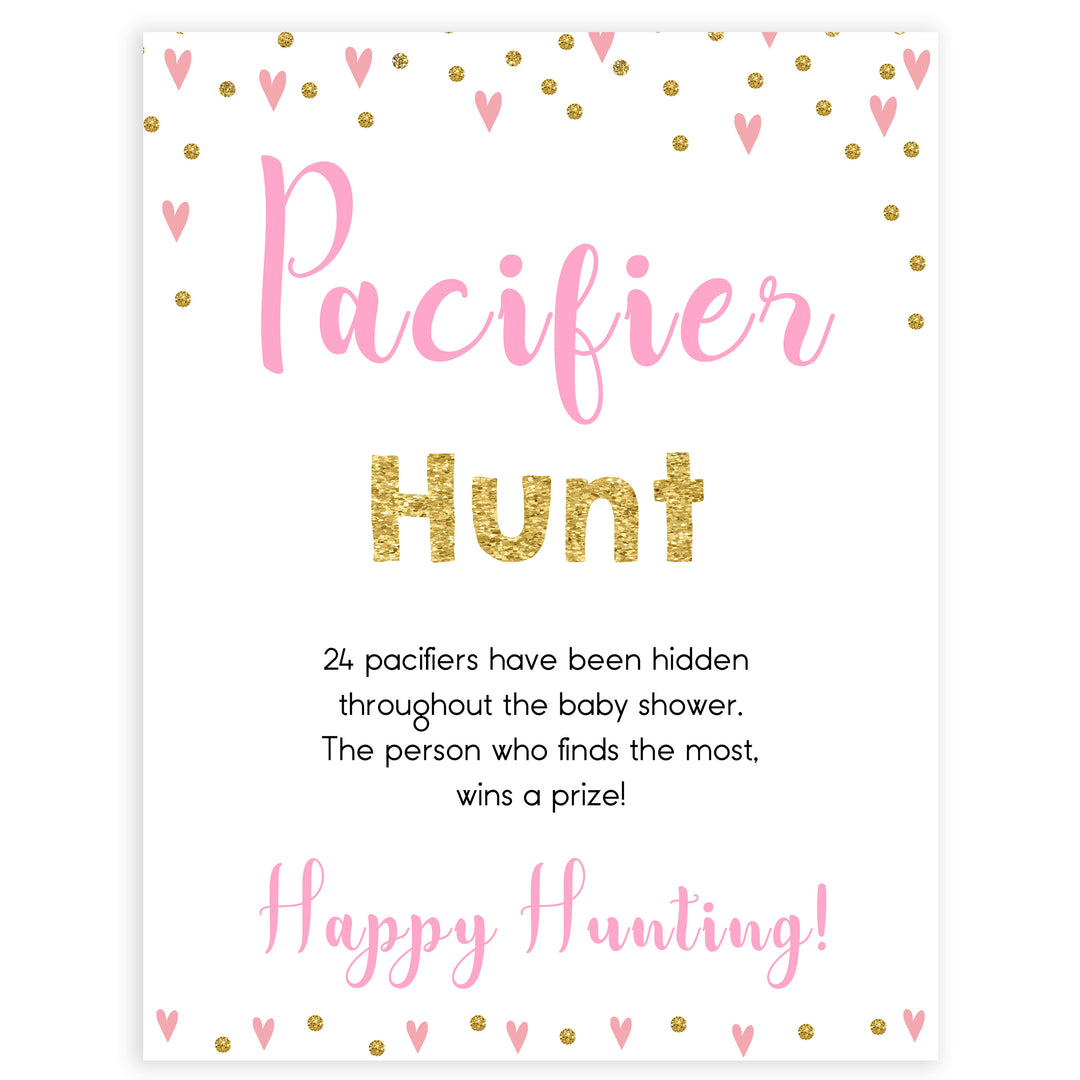 pink hearts baby shower, pacifier hunt baby game, printable baby games, pink baby games, girl baby games, top 10 baby games, fun baby games