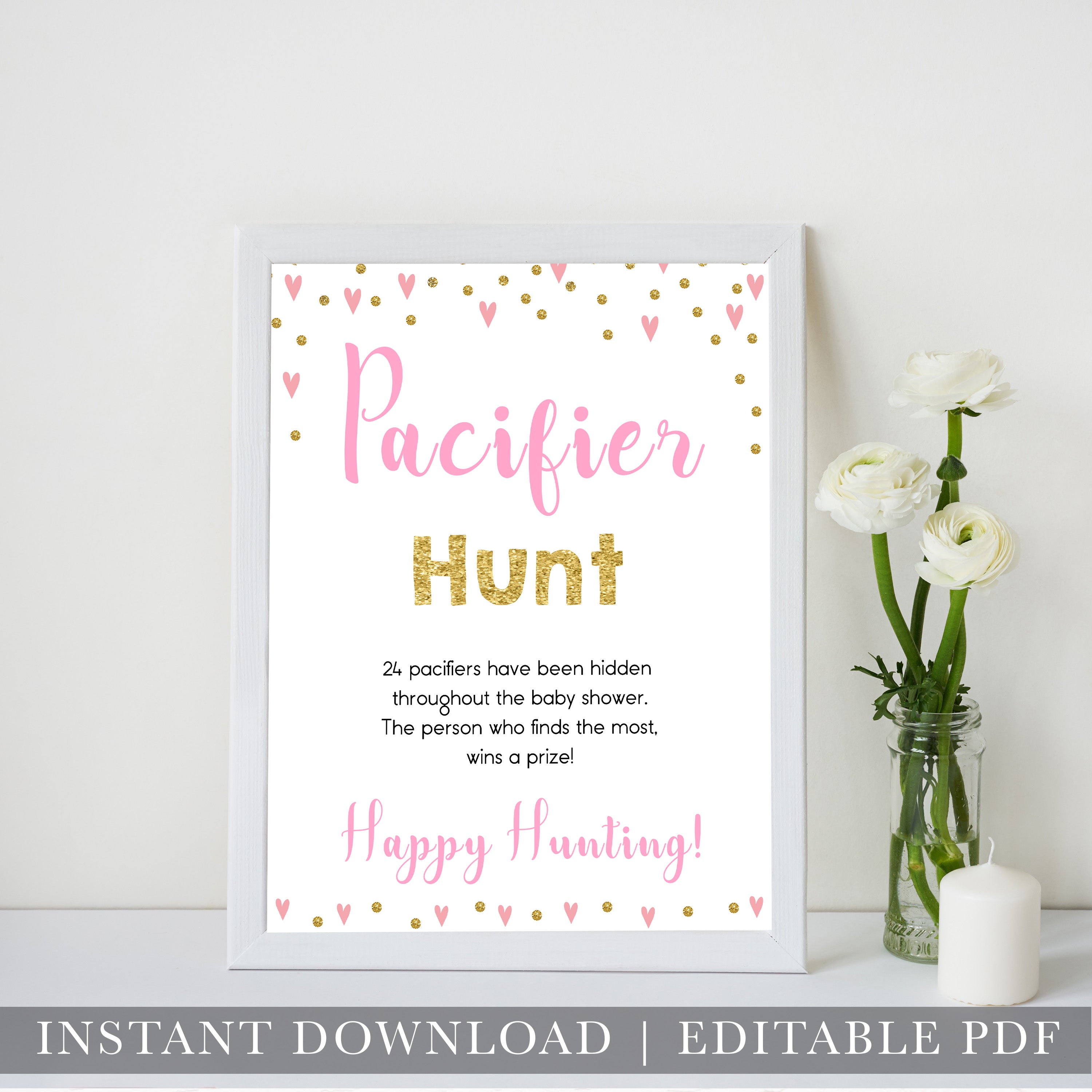 pink hearts baby shower, pacifier hunt baby game, printable baby games, pink baby games, girl baby games, top 10 baby games, fun baby games