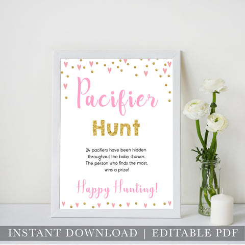pink hearts baby shower, pacifier hunt baby game, printable baby games, pink baby games, girl baby games, top 10 baby games, fun baby games