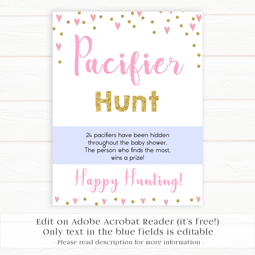pink hearts baby shower, pacifier hunt baby game, printable baby games, pink baby games, girl baby games, top 10 baby games, fun baby games