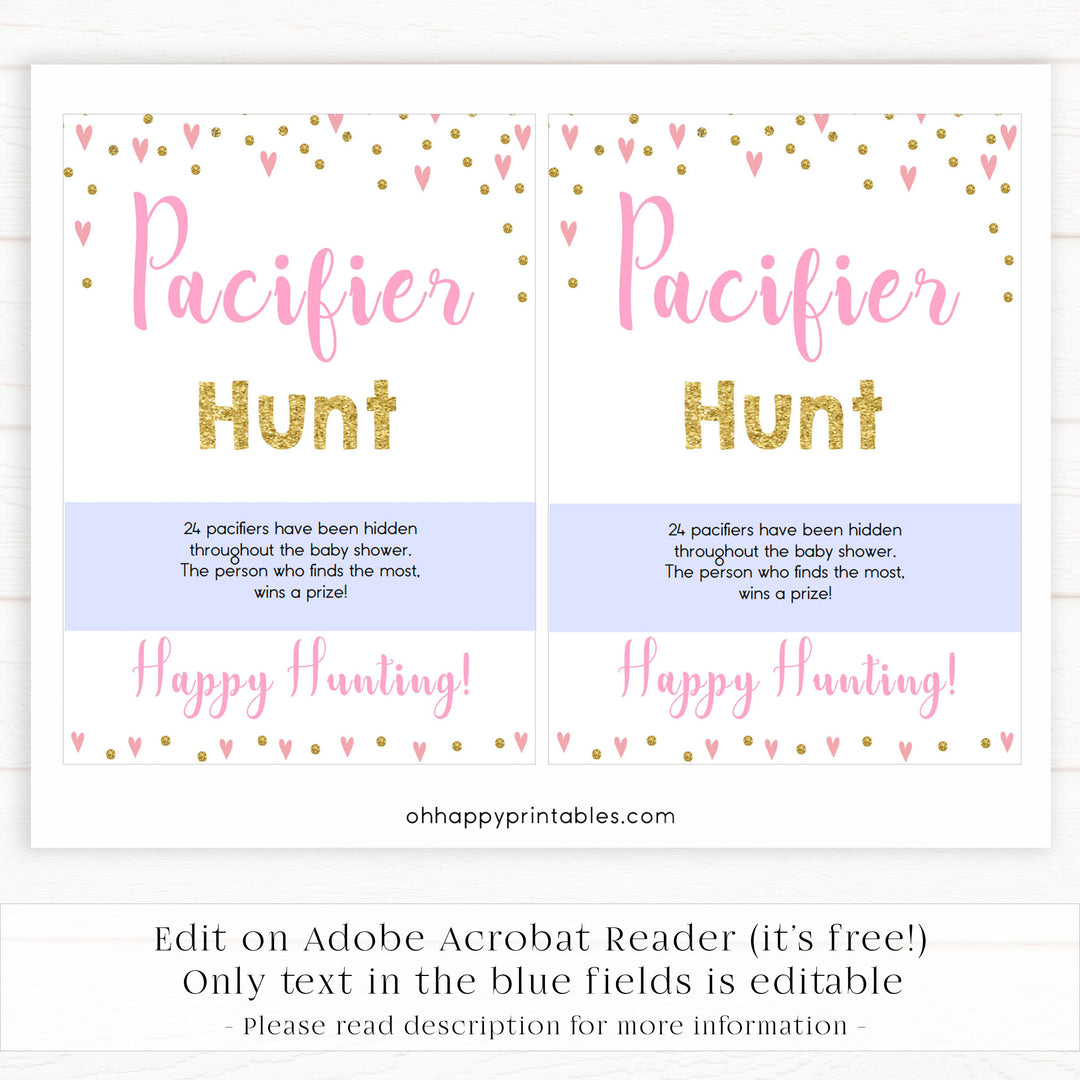 pink hearts baby shower, pacifier hunt baby game, printable baby games, pink baby games, girl baby games, top 10 baby games, fun baby games