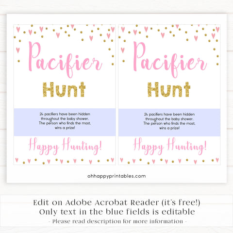 pink hearts baby shower, pacifier hunt baby game, printable baby games, pink baby games, girl baby games, top 10 baby games, fun baby games