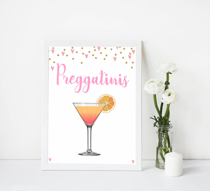 preggatinis baby signs, preggatinis baby table signs, Pink hearts baby decor, printable baby table signs, printable baby decor, gold glitter table signs, fun baby signs, pink hearts fun baby table signs