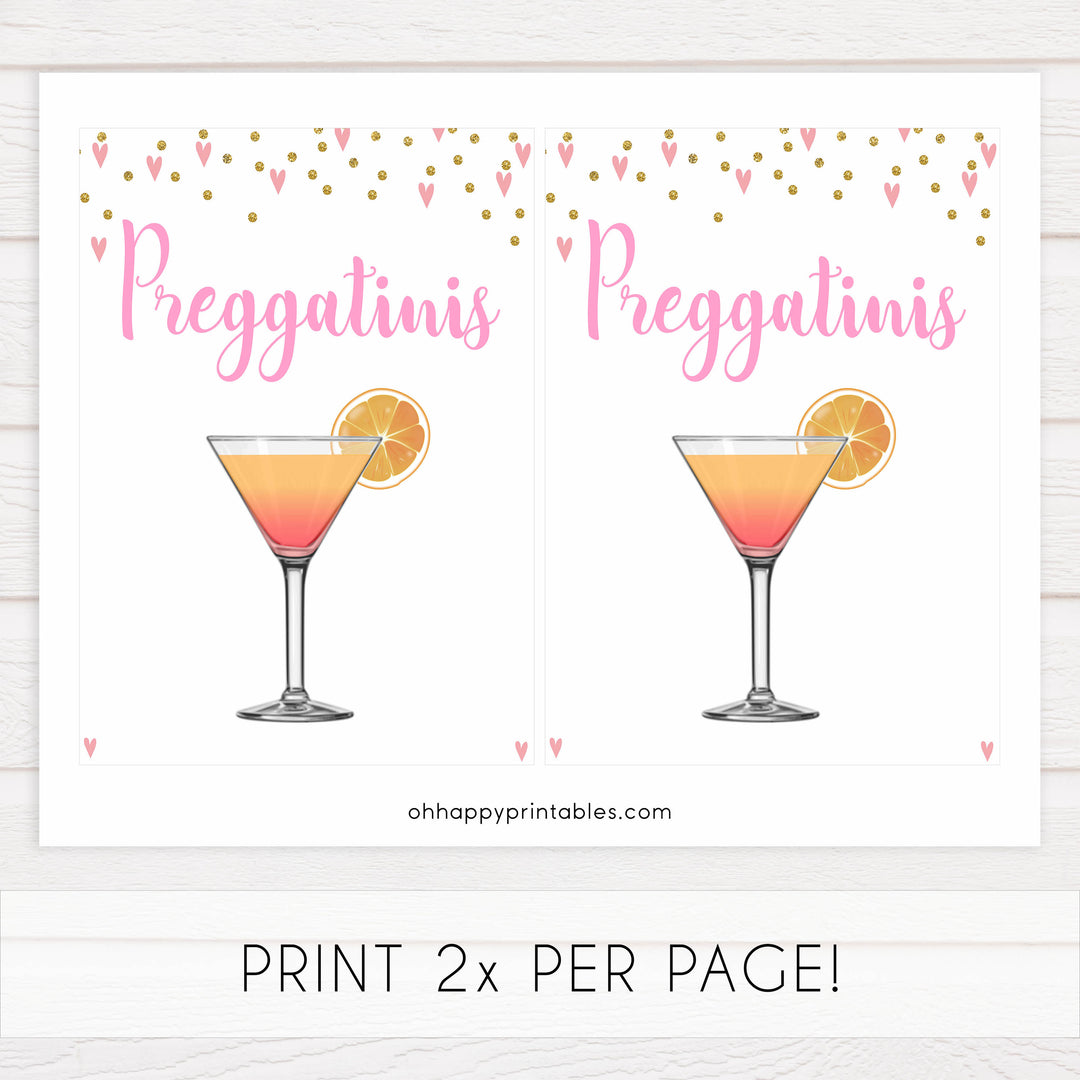 preggatinis baby signs, preggatinis baby table signs, Pink hearts baby decor, printable baby table signs, printable baby decor, gold glitter table signs, fun baby signs, pink hearts fun baby table signs