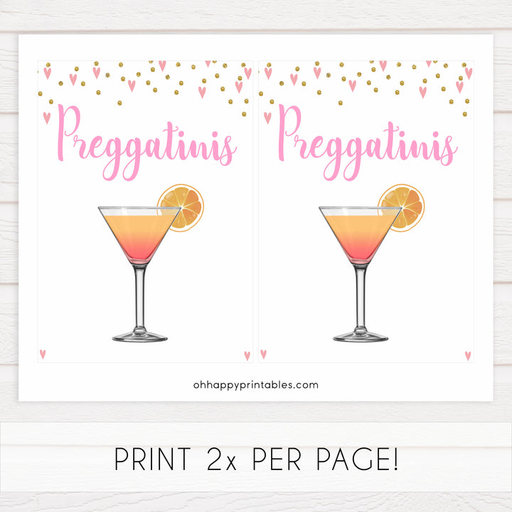 preggatinis baby signs, preggatinis baby table signs, Pink hearts baby decor, printable baby table signs, printable baby decor, gold glitter table signs, fun baby signs, pink hearts fun baby table signs