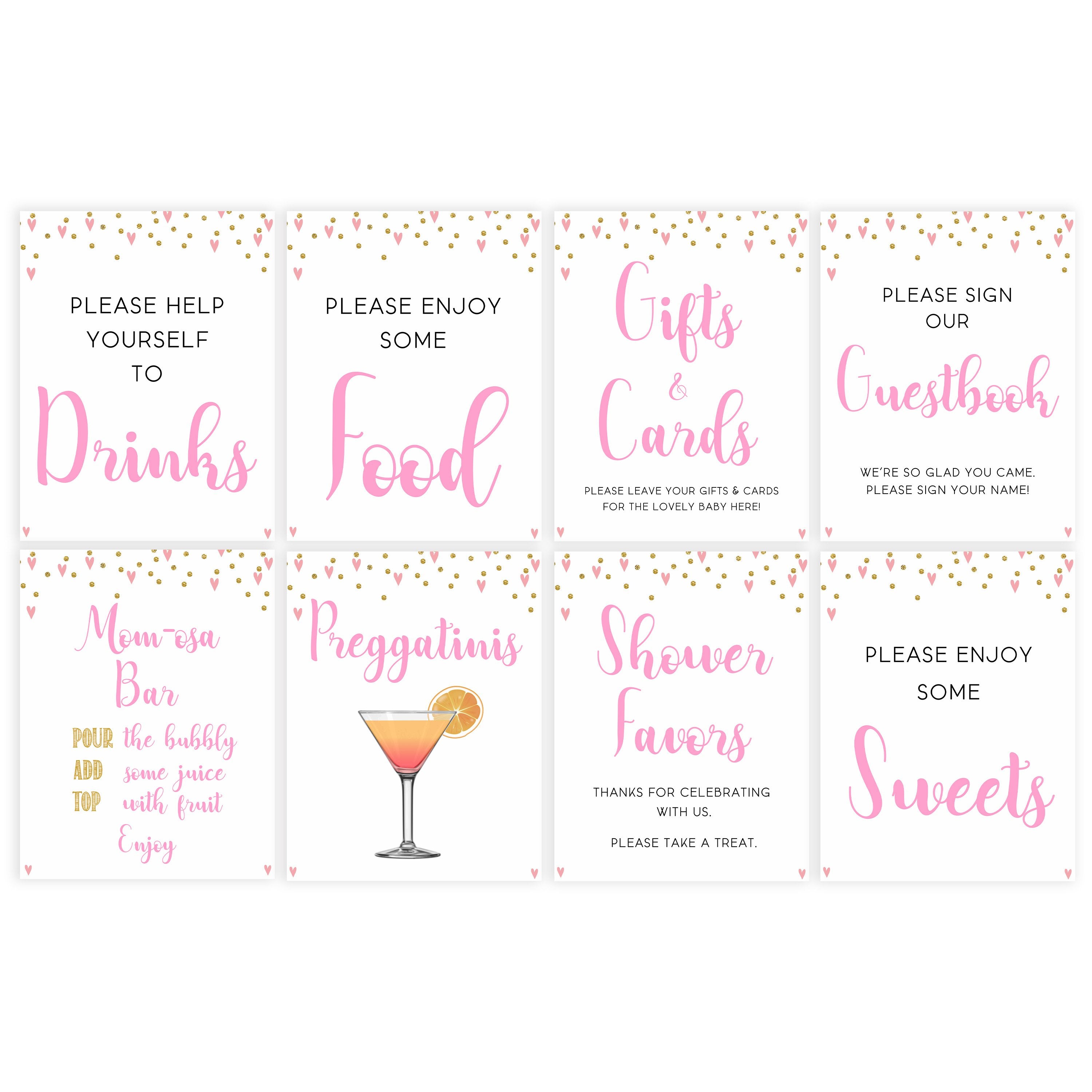 8 baby shower signs pack, 8 baby table signs, Pink hearts baby decor, printable baby table signs, printable baby decor, gold glitter table signs, fun baby signs, pink hearts fun baby table signs