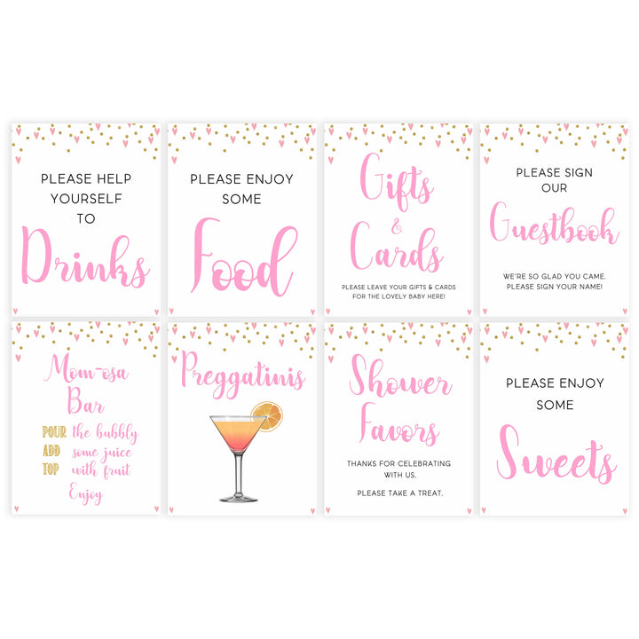 8 baby shower signs pack, 8 baby table signs, Pink hearts baby decor, printable baby table signs, printable baby decor, gold glitter table signs, fun baby signs, pink hearts fun baby table signs