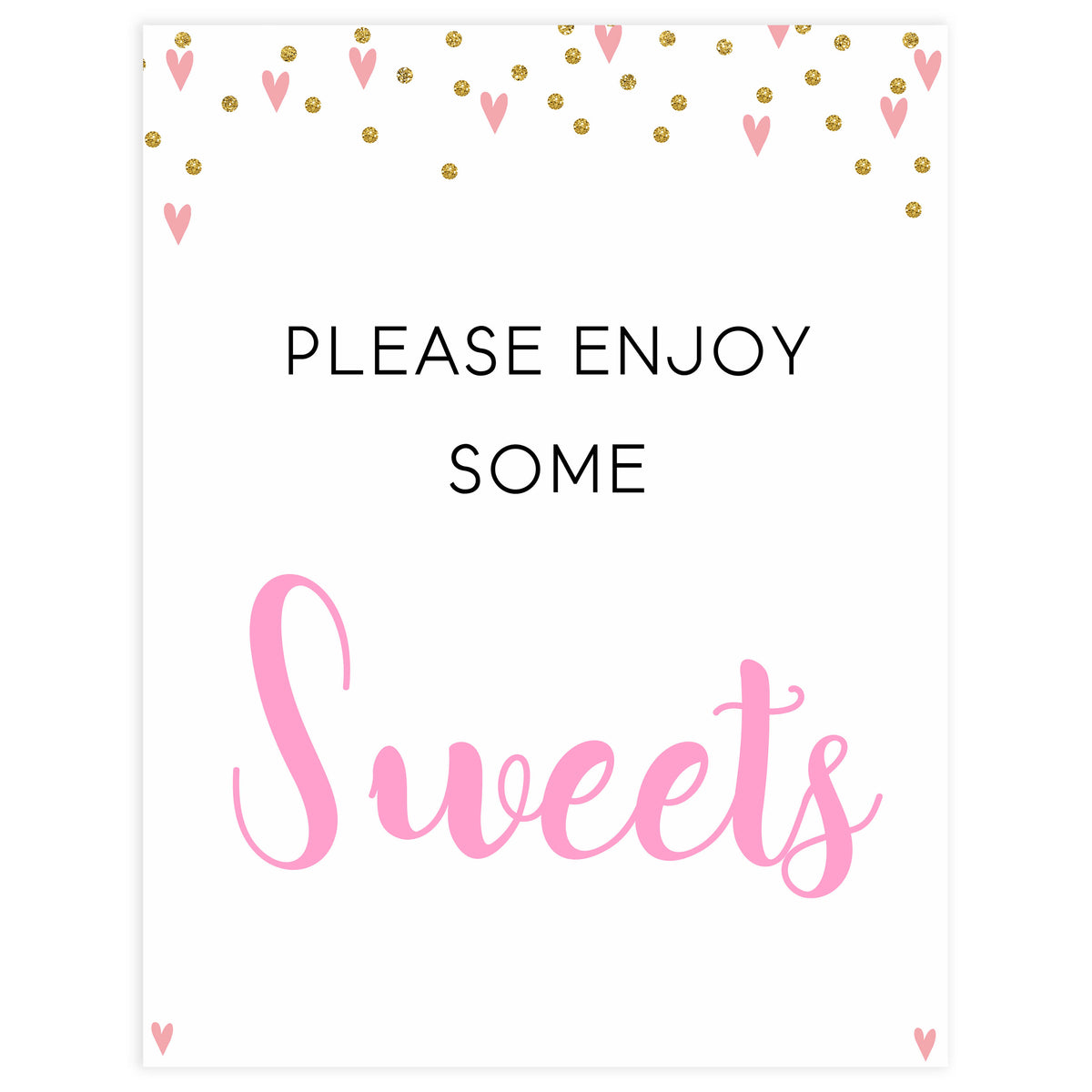 sweets baby shower table signs, sweets baby signs, Pink hearts baby decor, printable baby table signs, printable baby decor, gold glitter table signs, fun baby signs, pink hearts fun baby table signs