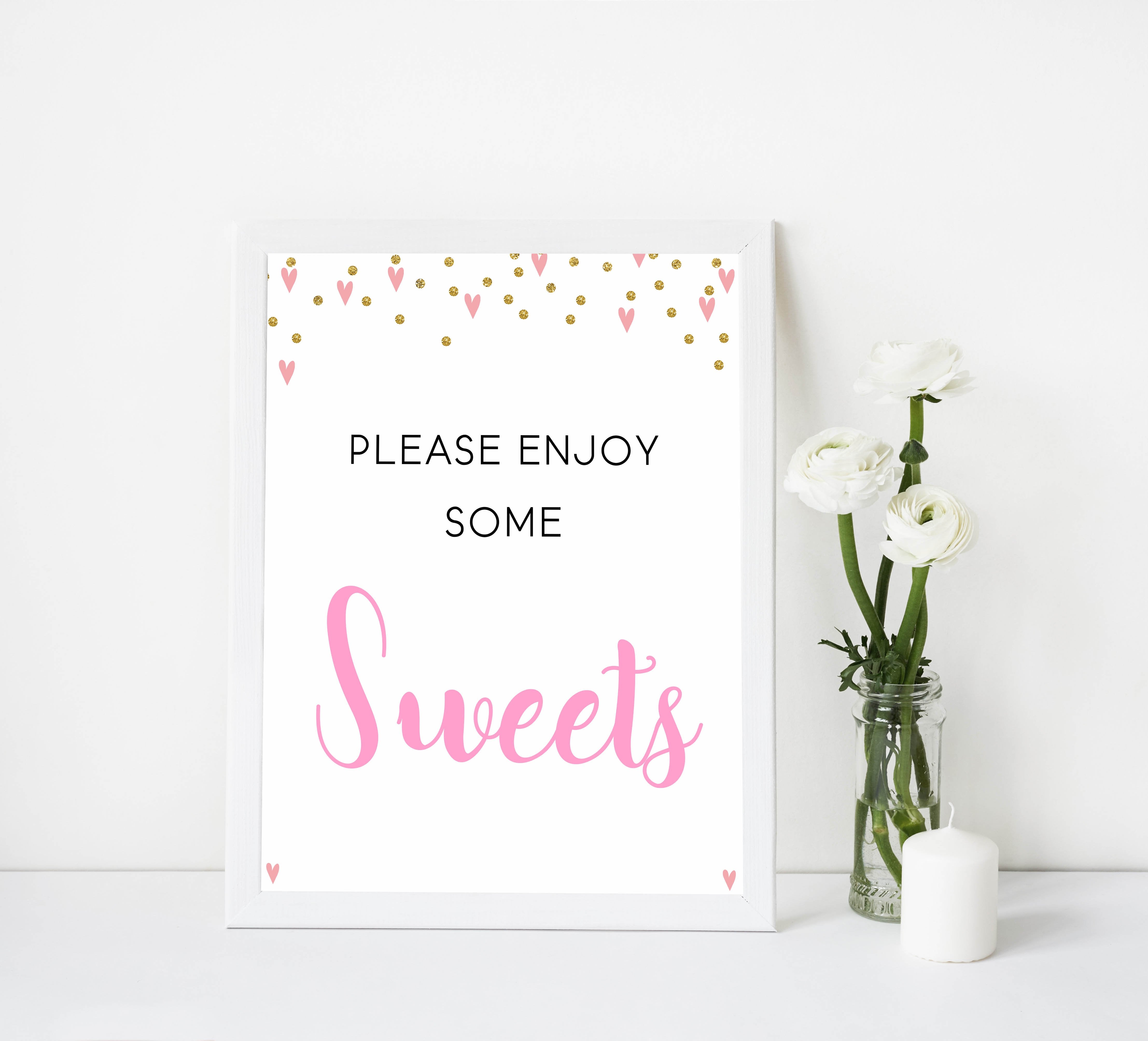 8 baby shower signs pack, 8 baby table signs, Pink hearts baby decor, printable baby table signs, printable baby decor, gold glitter table signs, fun baby signs, pink hearts fun baby table signs