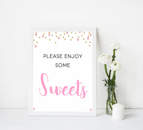 sweets baby shower table signs, sweets baby signs, Pink hearts baby decor, printable baby table signs, printable baby decor, gold glitter table signs, fun baby signs, pink hearts fun baby table signs