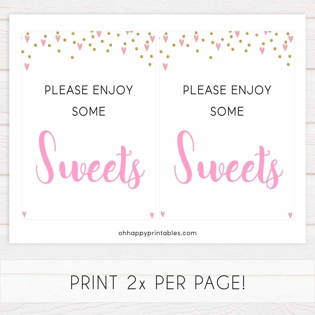 sweets baby shower table signs, sweets baby signs, Pink hearts baby decor, printable baby table signs, printable baby decor, gold glitter table signs, fun baby signs, pink hearts fun baby table signs