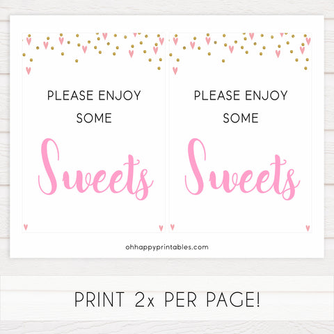 sweets baby shower table signs, sweets baby signs, Pink hearts baby decor, printable baby table signs, printable baby decor, gold glitter table signs, fun baby signs, pink hearts fun baby table signs
