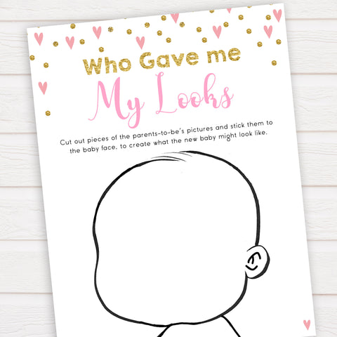 Small pink hearts baby game, who gave me my looks game, fun baby games, top baby games, printable baby games, girl baby games, pink baby shower, 10 best baby games