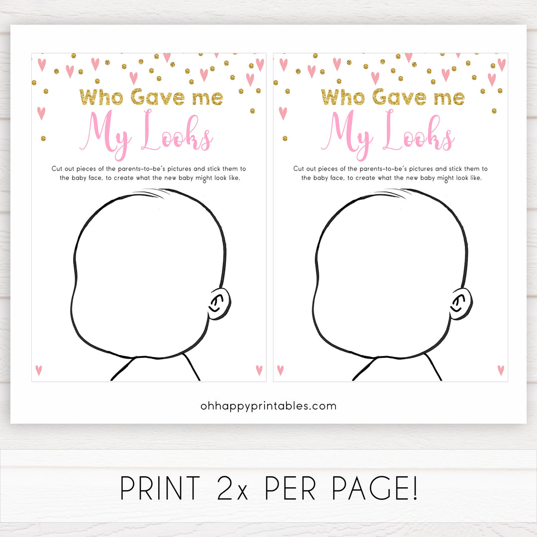 Small pink hearts baby game, who gave me my looks game, fun baby games, top baby games, printable baby games, girl baby games, pink baby shower, 10 best baby games