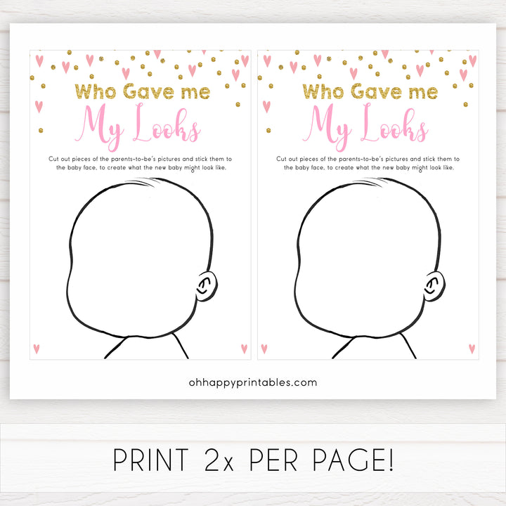Small pink hearts baby game, who gave me my looks game, fun baby games, top baby games, printable baby games, girl baby games, pink baby shower, 10 best baby games