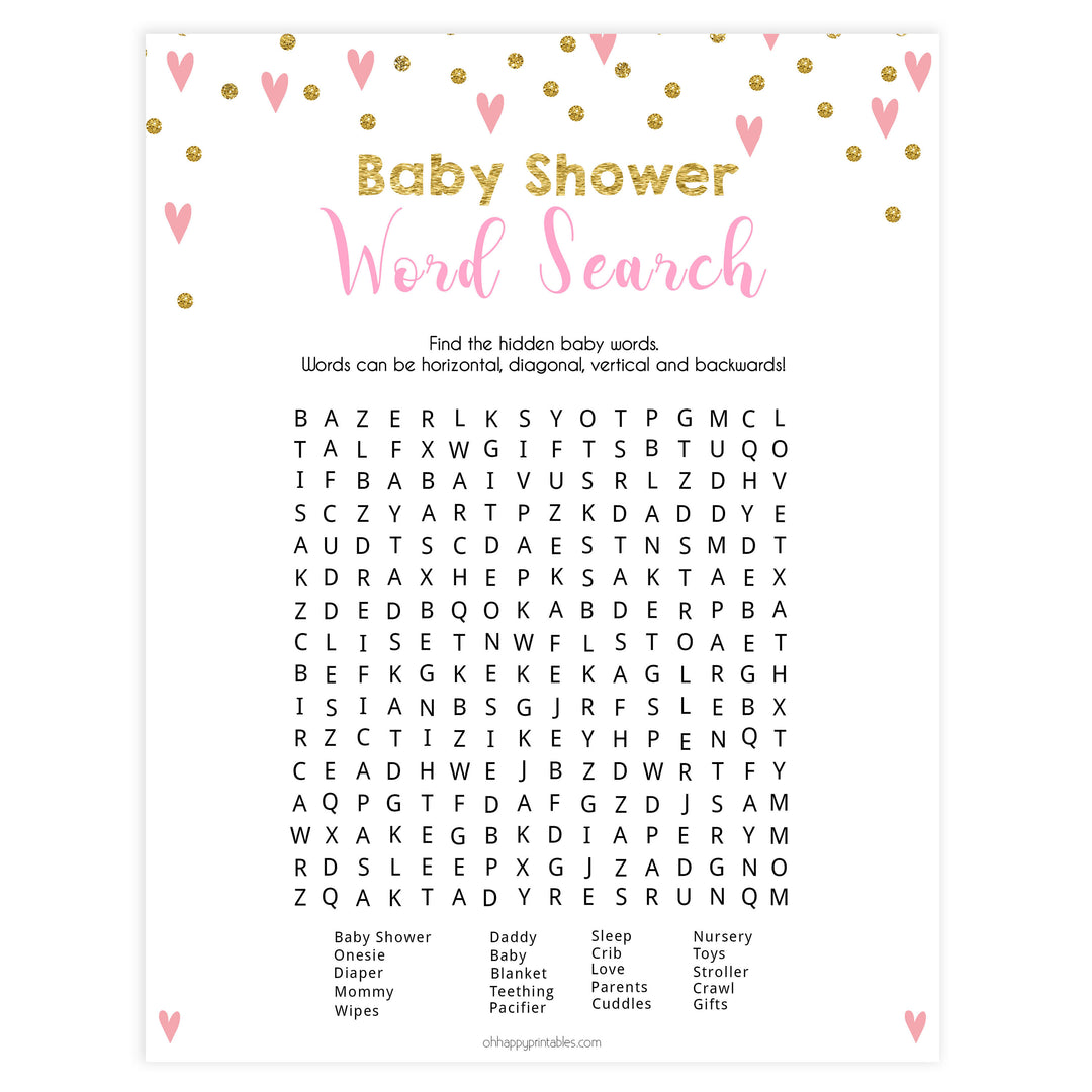 Small pink hearts baby game, baby shower word search game, fun baby games, top baby games, printable baby games, girl baby games, pink baby shower, 10 best baby games