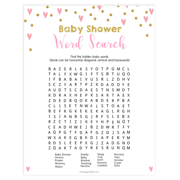 Small pink hearts baby game, baby shower word search game, fun baby games, top baby games, printable baby games, girl baby games, pink baby shower, 10 best baby games