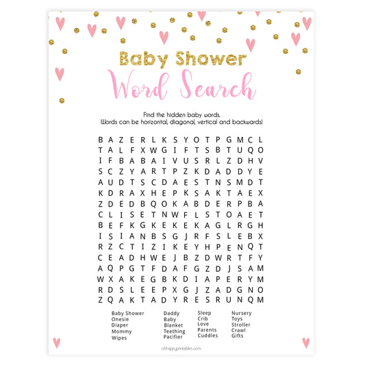 Small pink hearts baby game, baby shower word search game, fun baby games, top baby games, printable baby games, girl baby games, pink baby shower, 10 best baby games