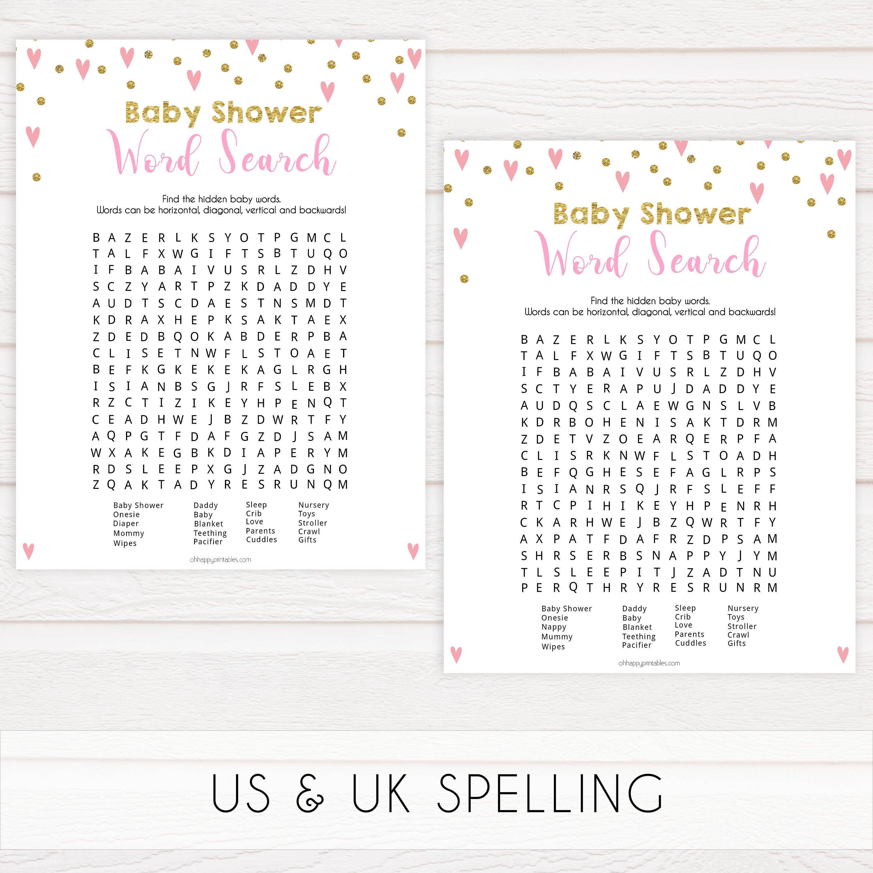 Small pink hearts baby game, baby shower word search game, fun baby games, top baby games, printable baby games, girl baby games, pink baby shower, 10 best baby games