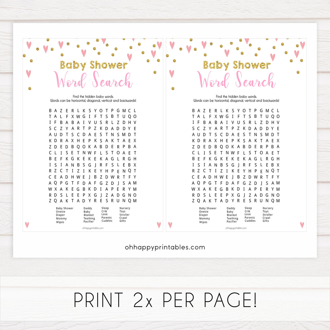 Small pink hearts baby game, baby shower word search game, fun baby games, top baby games, printable baby games, girl baby games, pink baby shower, 10 best baby games