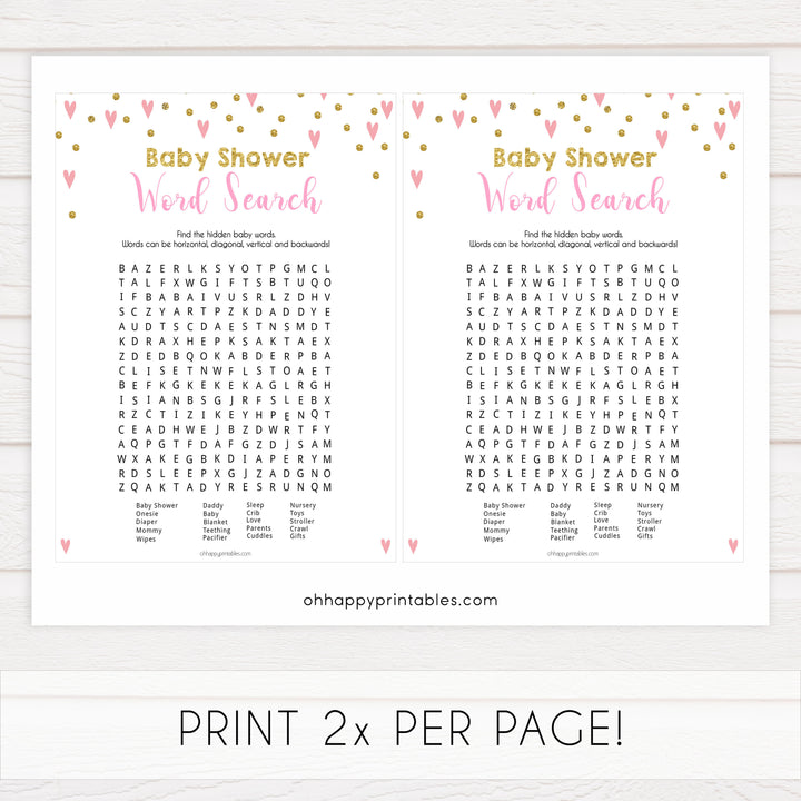 Small pink hearts baby game, baby shower word search game, fun baby games, top baby games, printable baby games, girl baby games, pink baby shower, 10 best baby games