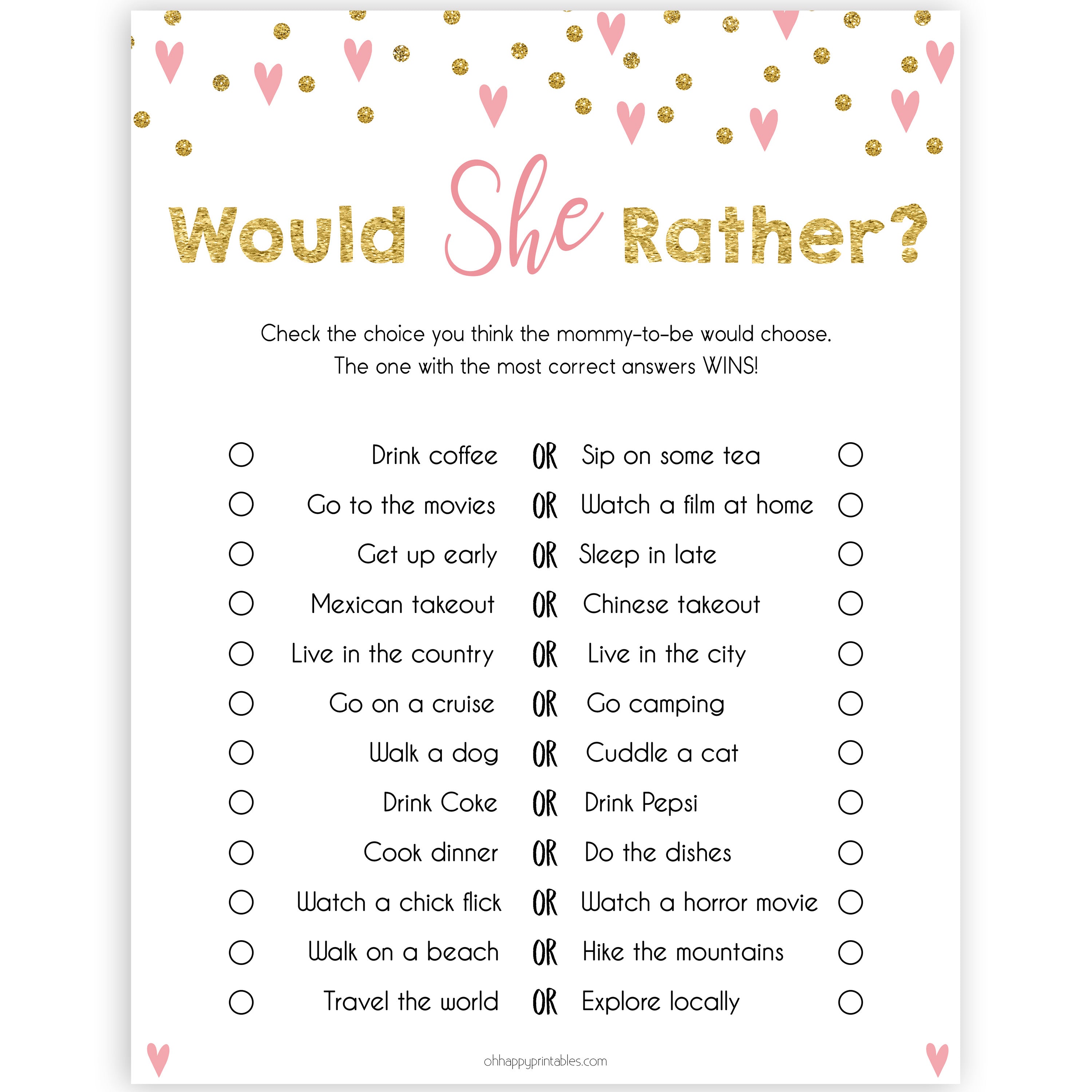 Small pink hearts baby game, would she rather game, fun baby games, top baby games, printable baby games, girl baby games, pink baby shower, 10 best baby games