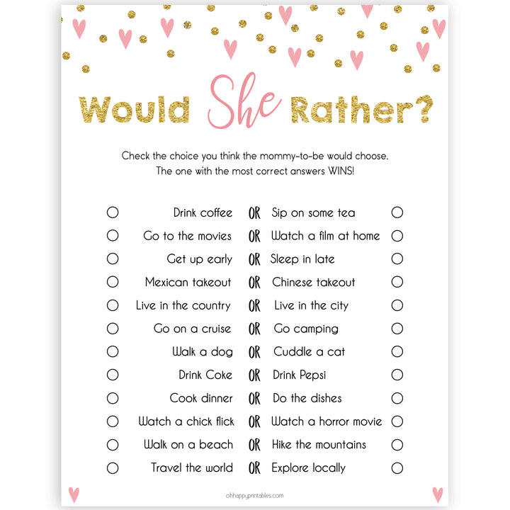 Small pink hearts baby game, would she rather game, fun baby games, top baby games, printable baby games, girl baby games, pink baby shower, 10 best baby games