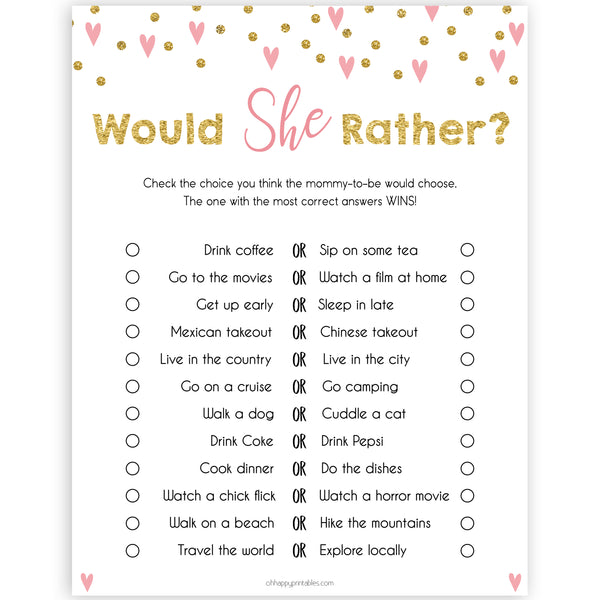 Would She Rather - Printable Pink Hearts Baby Shower Games – OhHappyPrintables would-she-rather-printable-pink-hearts-baby-shower-games-ohhappyprintables
