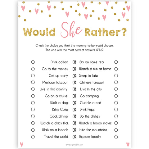 Small pink hearts baby game, would she rather game, fun baby games, top baby games, printable baby games, girl baby games, pink baby shower, 10 best baby games