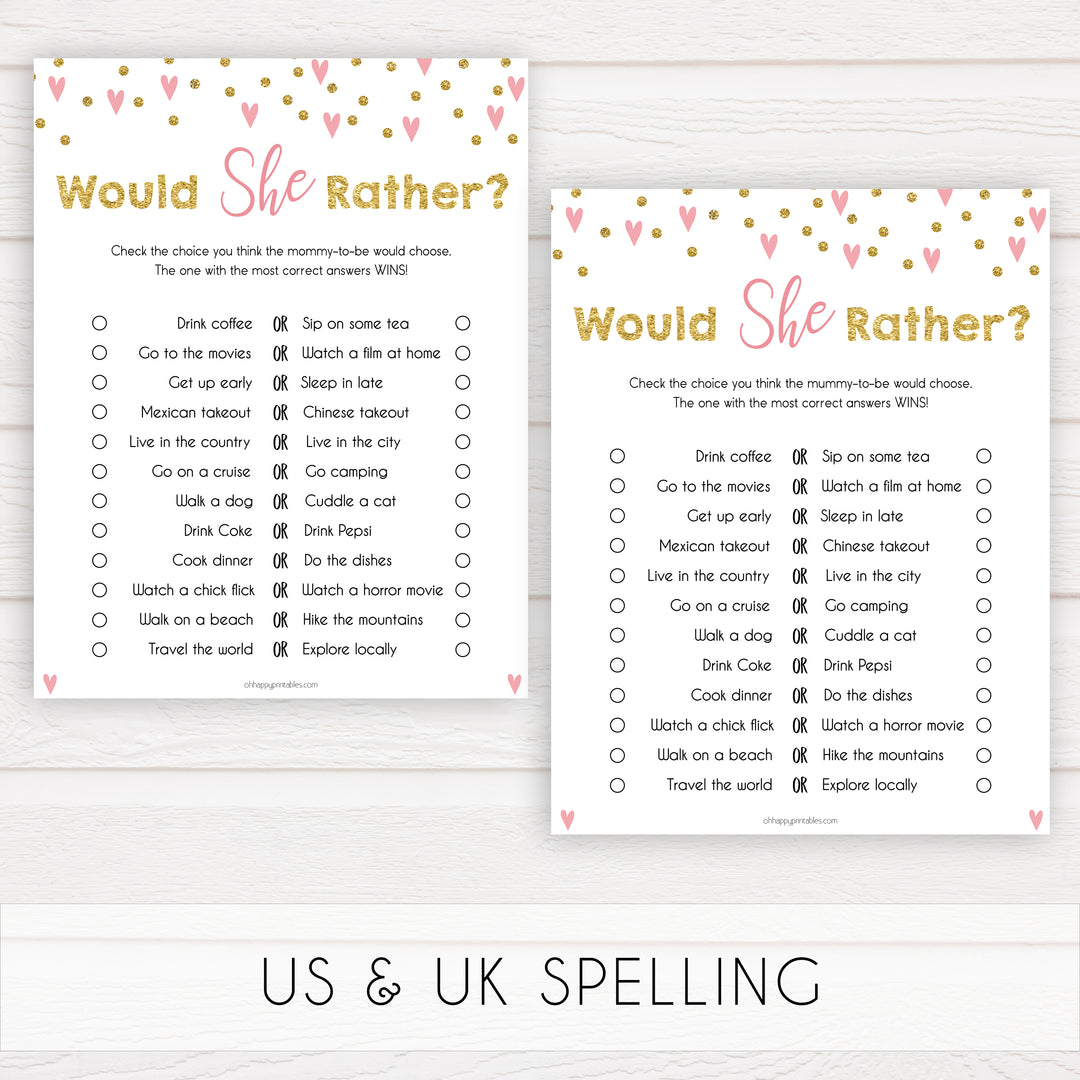 Small pink hearts baby game, would she rather game, fun baby games, top baby games, printable baby games, girl baby games, pink baby shower, 10 best baby games
