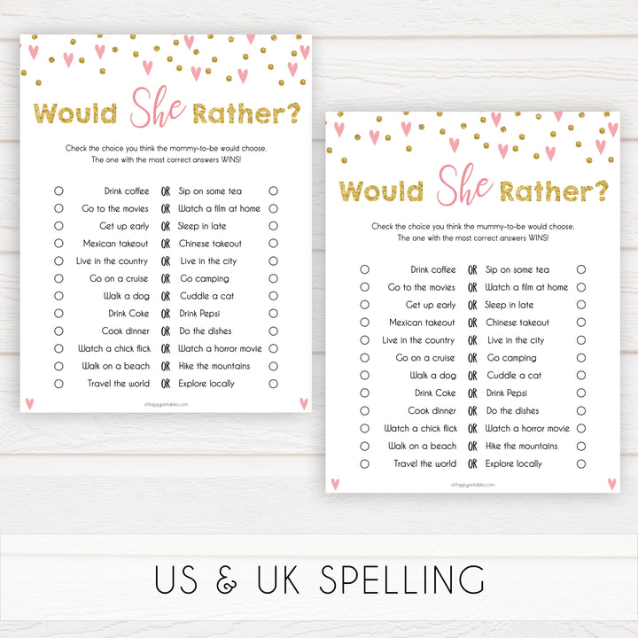 Small pink hearts baby game, would she rather game, fun baby games, top baby games, printable baby games, girl baby games, pink baby shower, 10 best baby games