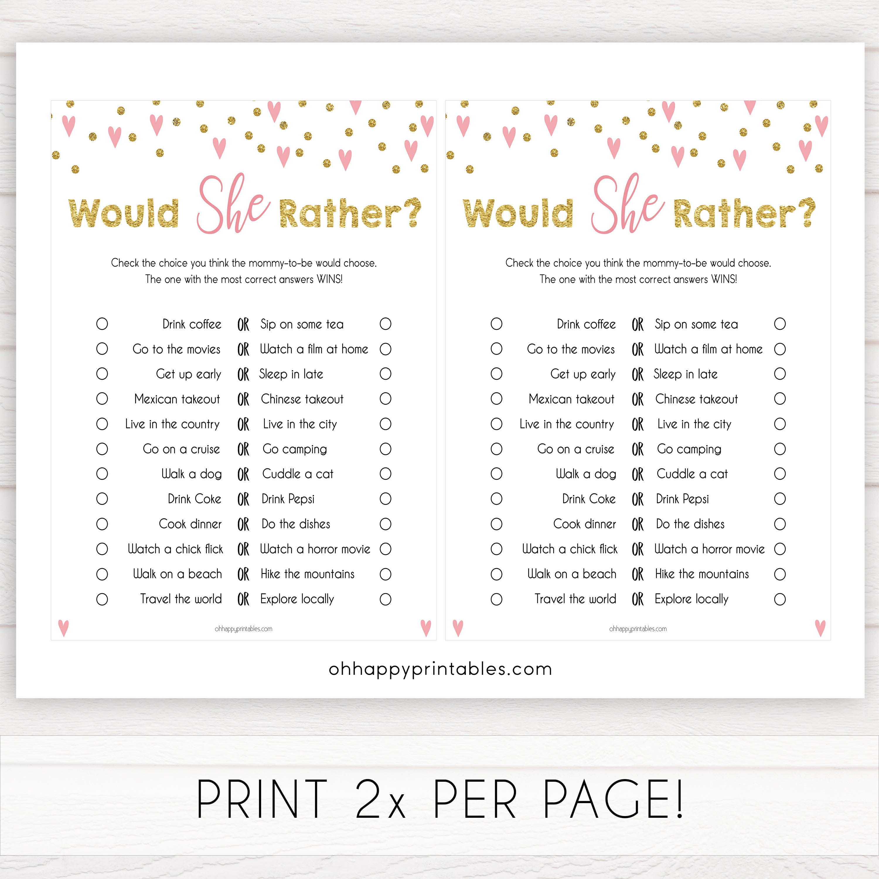 Small pink hearts baby game, would she rather game, fun baby games, top baby games, printable baby games, girl baby games, pink baby shower, 10 best baby games
