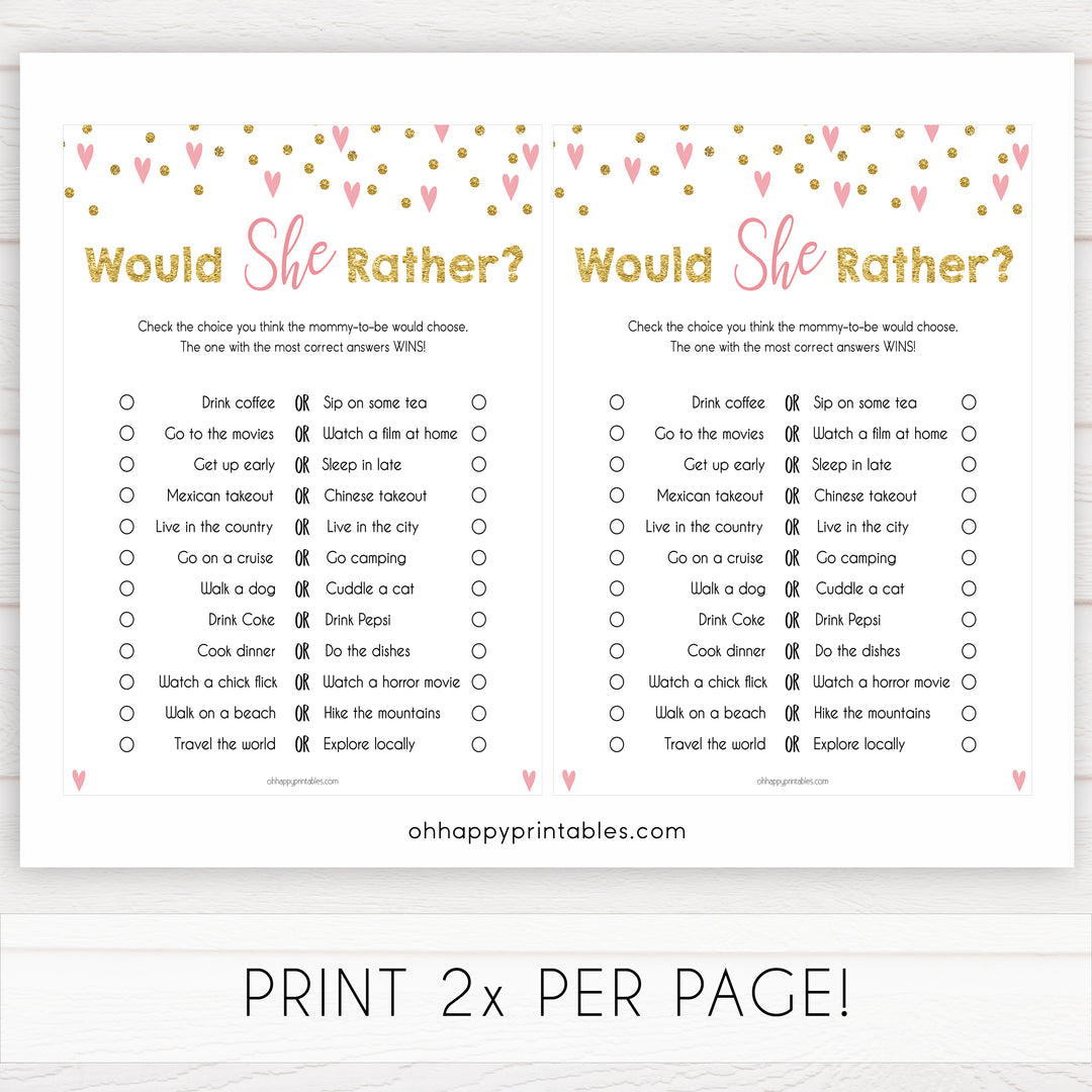 Small pink hearts baby game, would she rather game, fun baby games, top baby games, printable baby games, girl baby games, pink baby shower, 10 best baby games