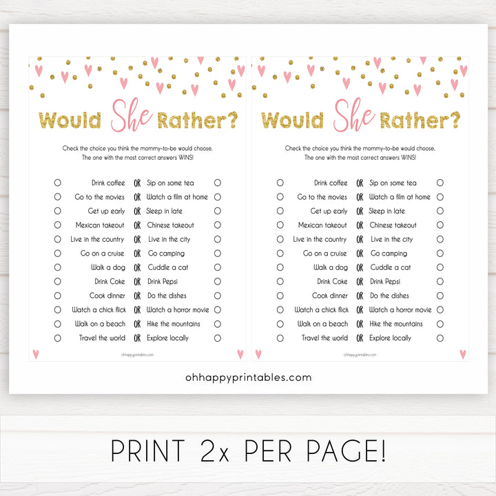 Small pink hearts baby game, would she rather game, fun baby games, top baby games, printable baby games, girl baby games, pink baby shower, 10 best baby games