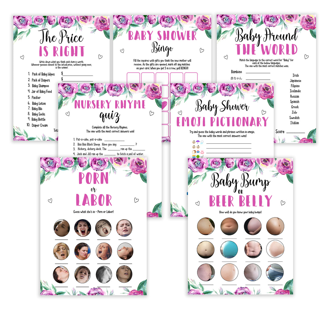 Purple peonies 7 baby shower games, printable baby shower games, fun baby shower games, baby shower games, popular baby shower games, floral baby shower games, purple baby shower themes, porn or labor, baby games, baby bump game