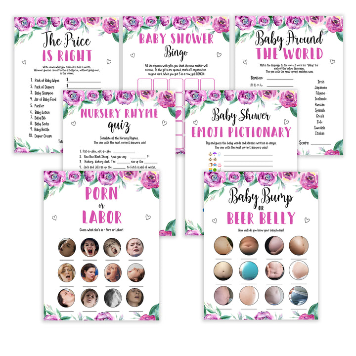 Purple peonies 7 baby shower games, printable baby shower games, fun baby shower games, baby shower games, popular baby shower games, floral baby shower games, purple baby shower themes, porn or labor, baby games, baby bump game