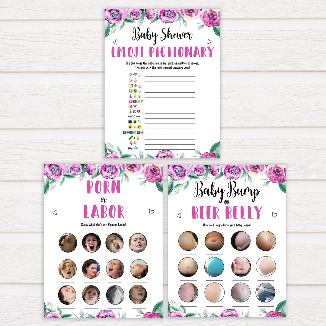 Purple peonies 7 baby shower games, printable baby shower games, fun baby shower games, baby shower games, popular baby shower games, floral baby shower games, purple baby shower themes, porn or labor, baby games, baby bump game