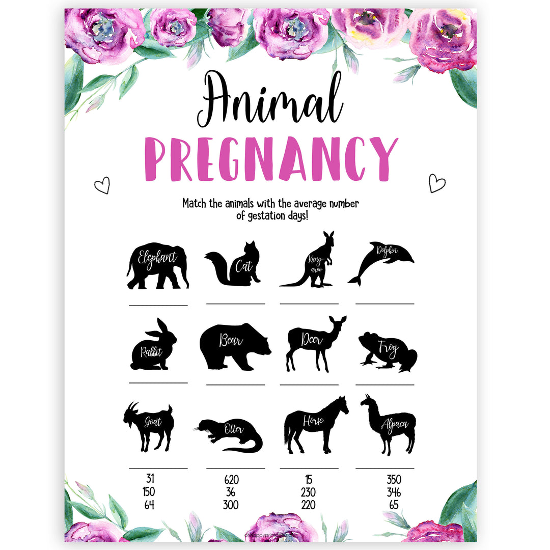 Purple peonies animal pregnancy baby shower games, printable baby shower games, fun baby shower games, baby shower games, popular baby shower games, floral baby shower games, purple baby shower themes