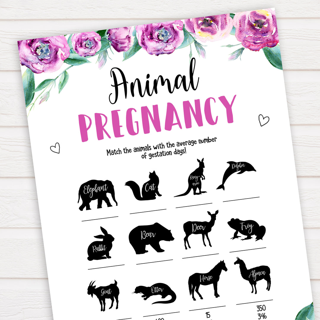 Purple peonies animal pregnancy baby shower games, printable baby shower games, fun baby shower games, baby shower games, popular baby shower games, floral baby shower games, purple baby shower themes